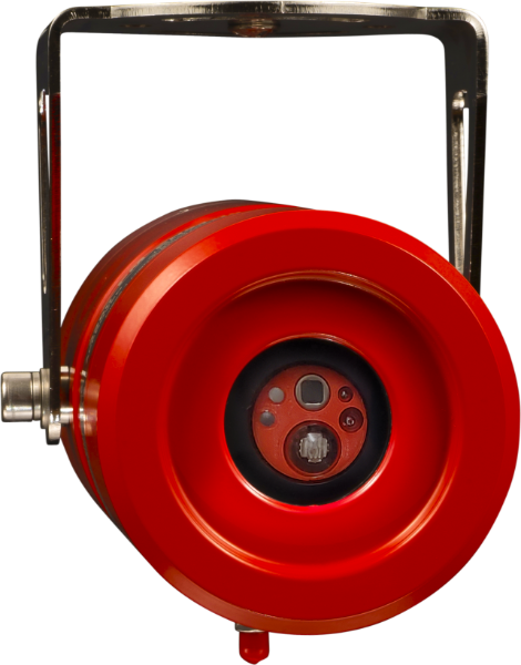 Red industrial flame detector with a cylindrical shape and a black sensor area, mounted on a metallic bracket angled to the right