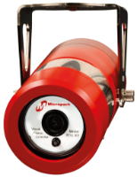 Micropack Visual Flame Detector, with a red cylindrical body, black sensor area, and mounted on a metallic bracket.