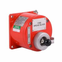 A pushbutton call point, red made of marine grade alloy material, which is used in hazardous environments to prevent fires
