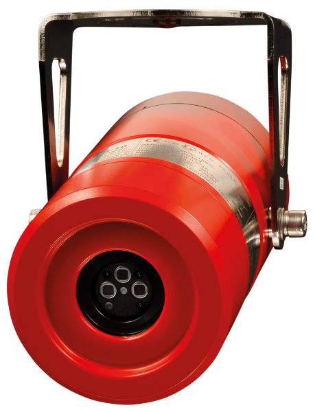 Red industrial flame detector with a cylindrical shape and a black sensor area, mounted on a metallic bracket.