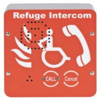 A Red Type B outstation with refuge intercom written at the top and call cancel at the bottom, a white phone, white flames and a white wheelchair sign