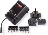 An electronic adapter with multiple interchangeable plugs and connectors for different devices and regions.