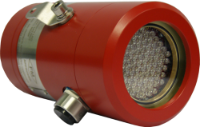 A cylindrical red device with a metal clamp and grid-like pattern on one end, resembling an industrial sensor or detector.