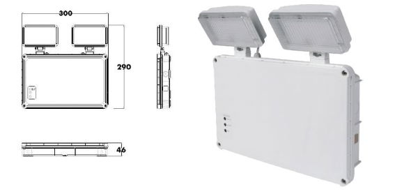 LED Twin Spot Emergency Light 3hr, IP65 With Self Test